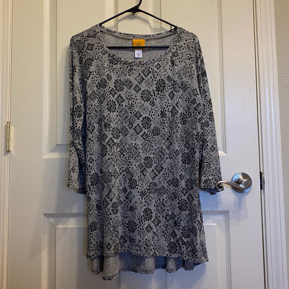 L • Ruby Rd. Geometric Design & Embellished Neckline Blouse